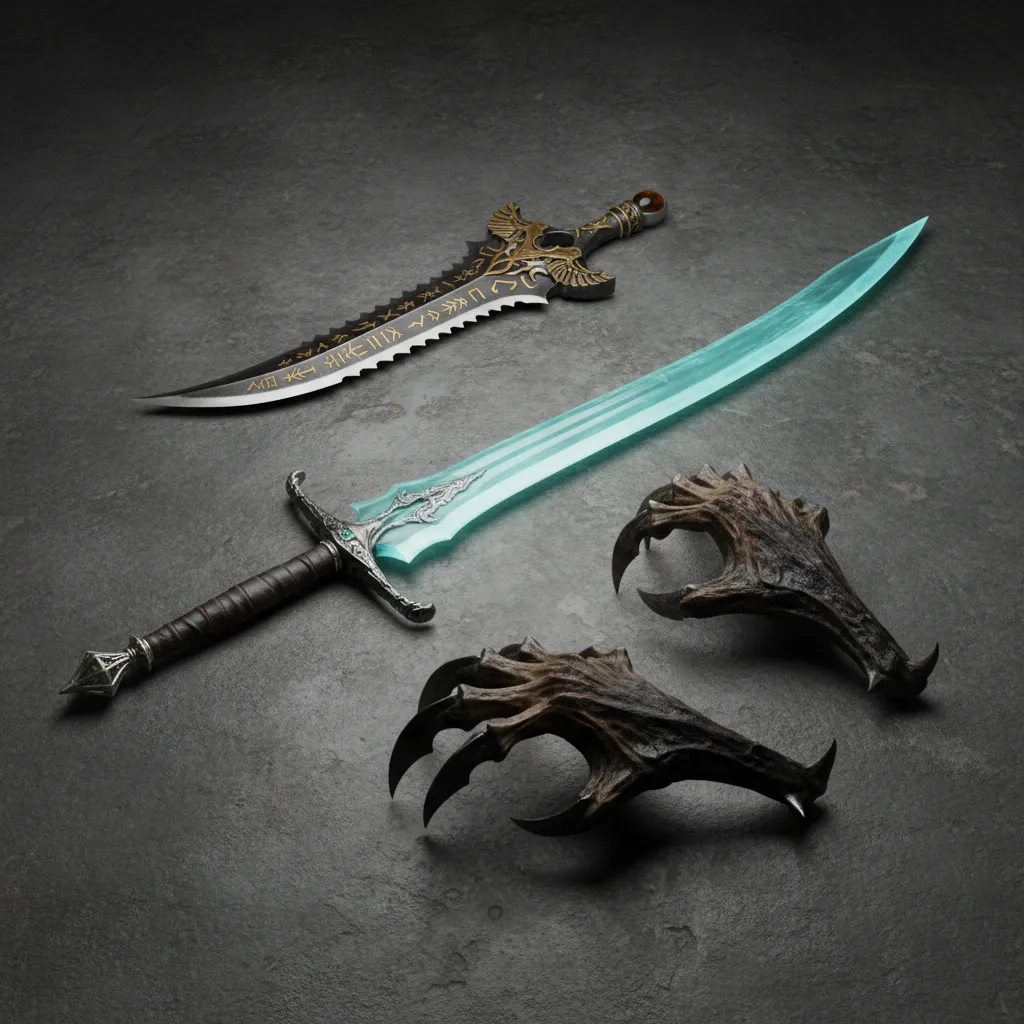 A collage of new weapons and armor sets available in the Shadow of the Erdtree DLC.