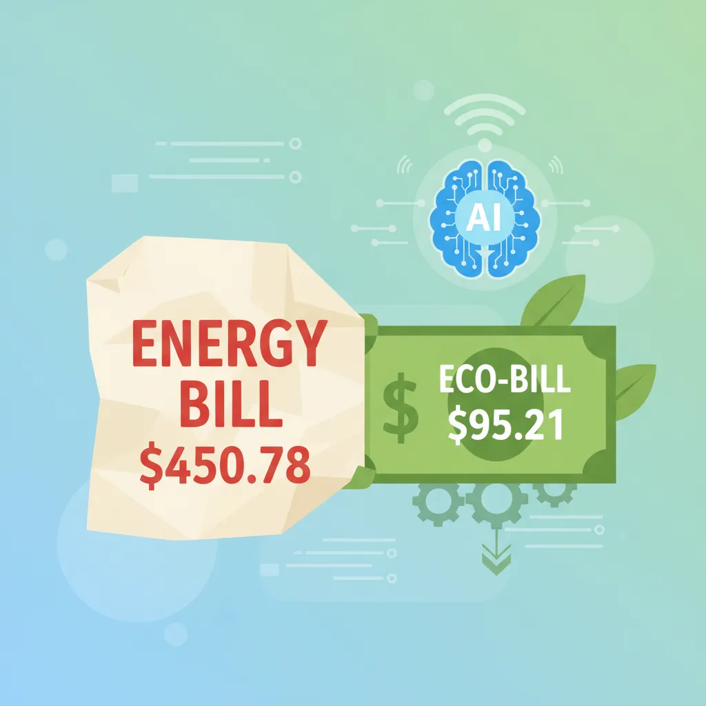 Stylized image of a large energy bill transforming into a small, green bill with an AI brain icon.