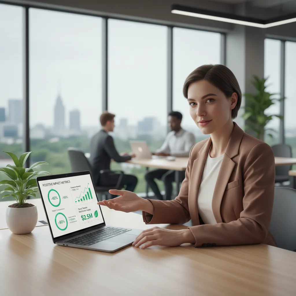 Person reviewing ESG investment report on a laptop with a plant on the desk.
