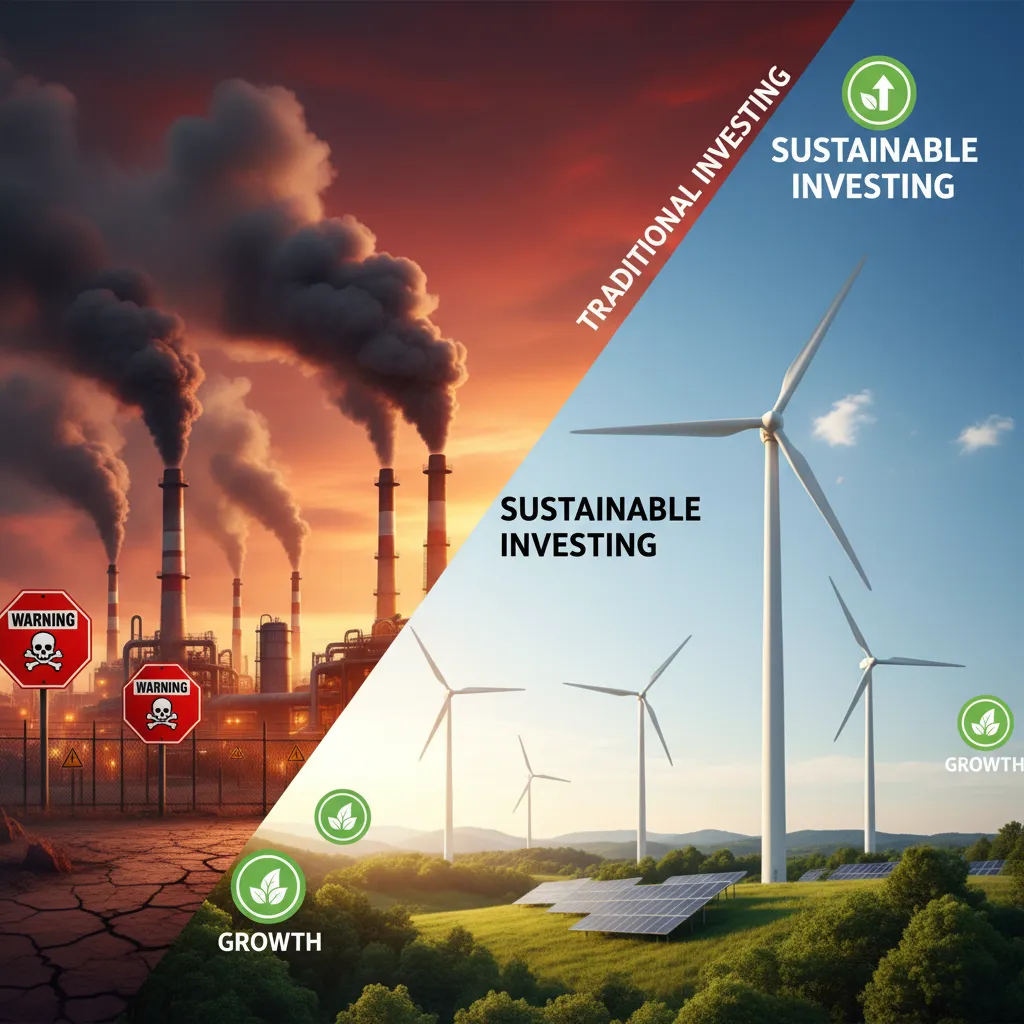 Split image of polluting factory vs. clean wind farm.