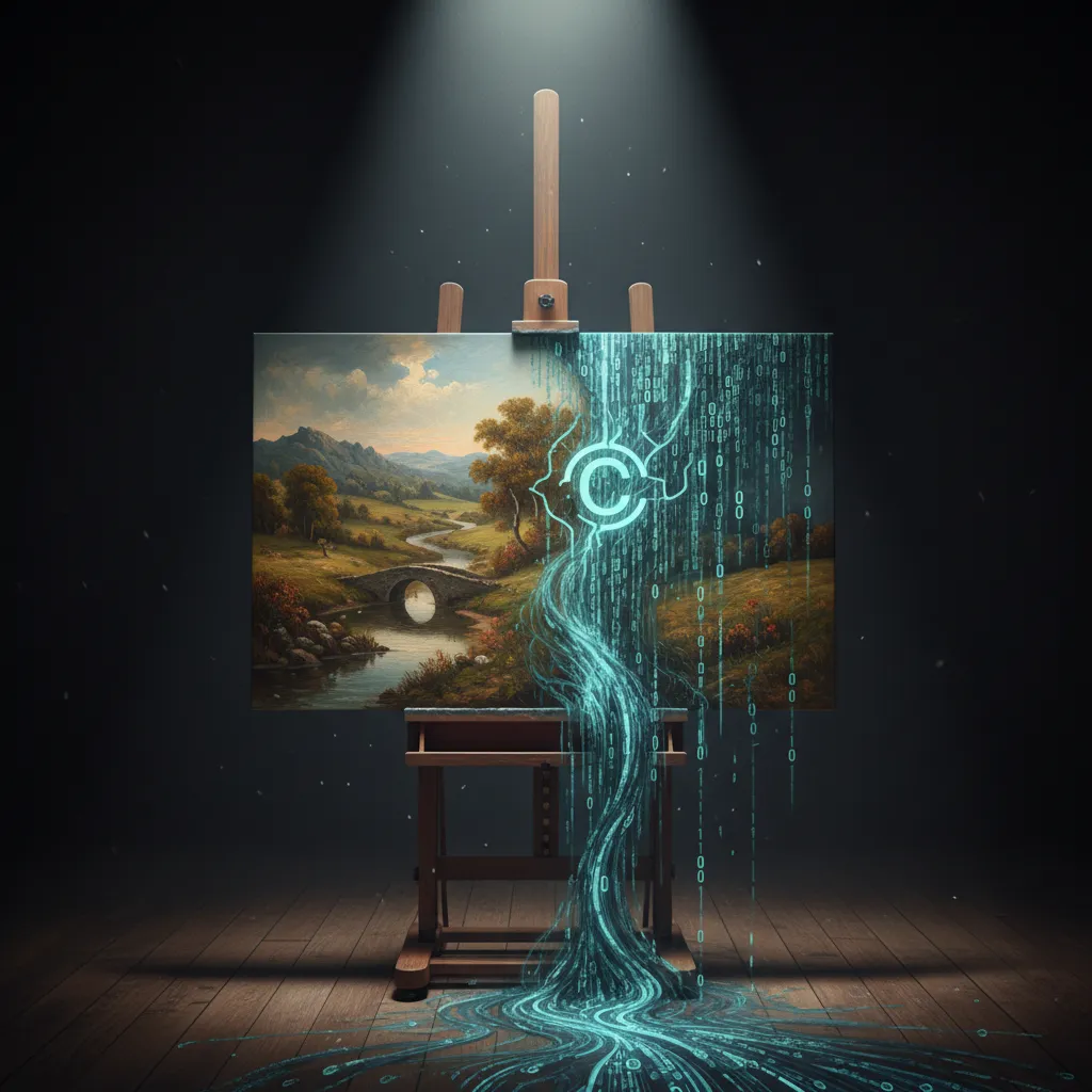 A symbolic image representing the ethical questions of AI in art, showing a traditional painting morphing into digital code.