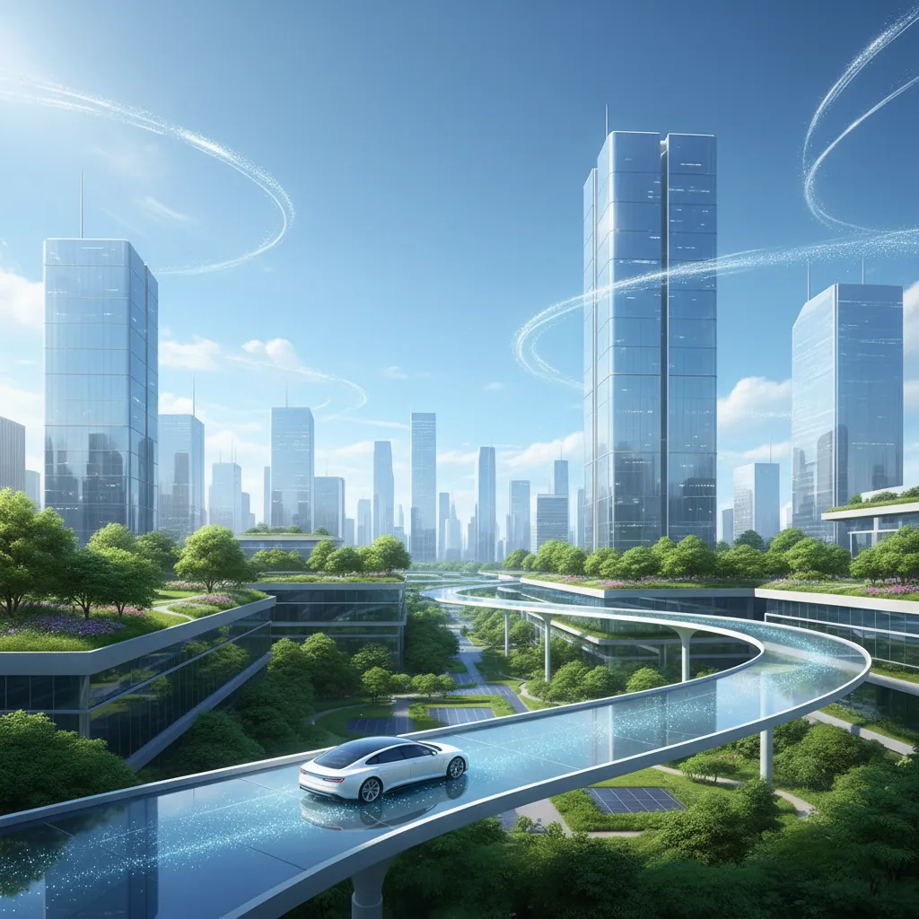 Electric car driving in a clean city, representing environmental benefits