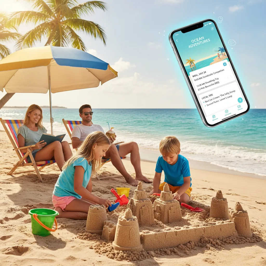 Family on a beach vacation, a smart device showing their personalized schedule.