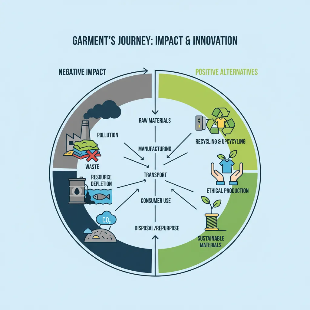 Infographic illustrating environmental impact of fashion and sustainable alternatives.