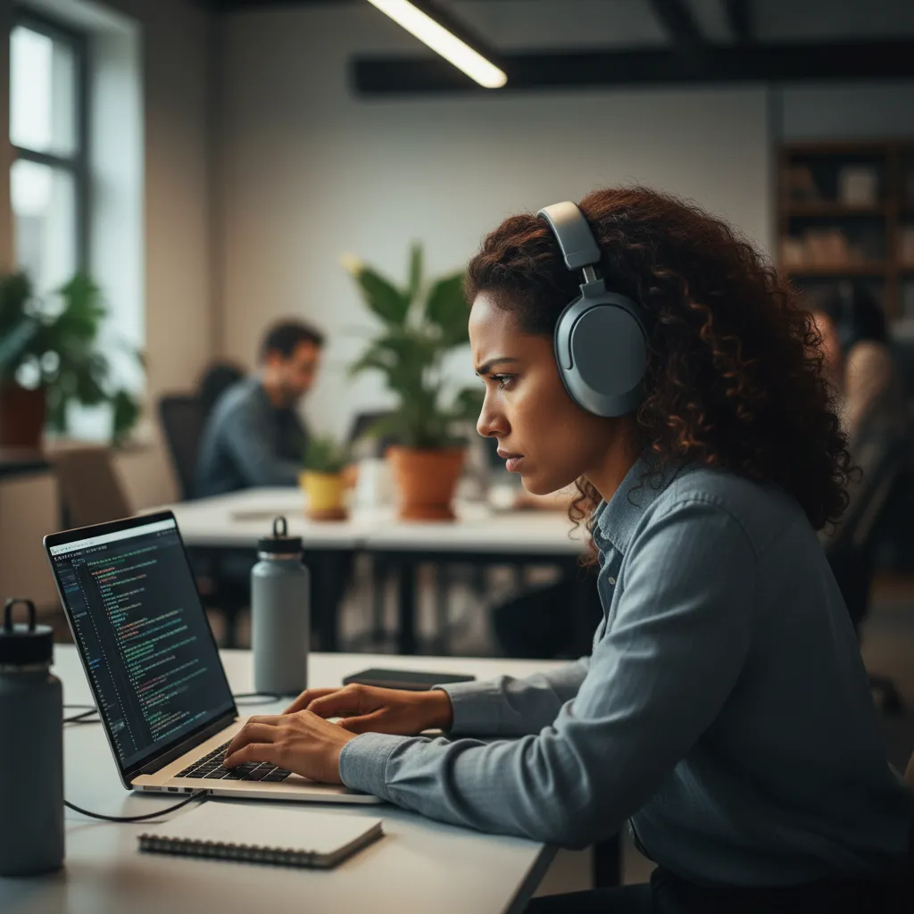 Person with headphones focused on a single task on a laptop.