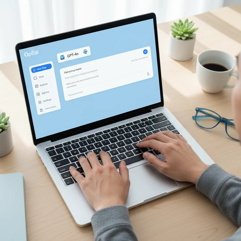 A person using the free ChatGPT desktop app on their laptop, with the new GPT-4o logo visible.