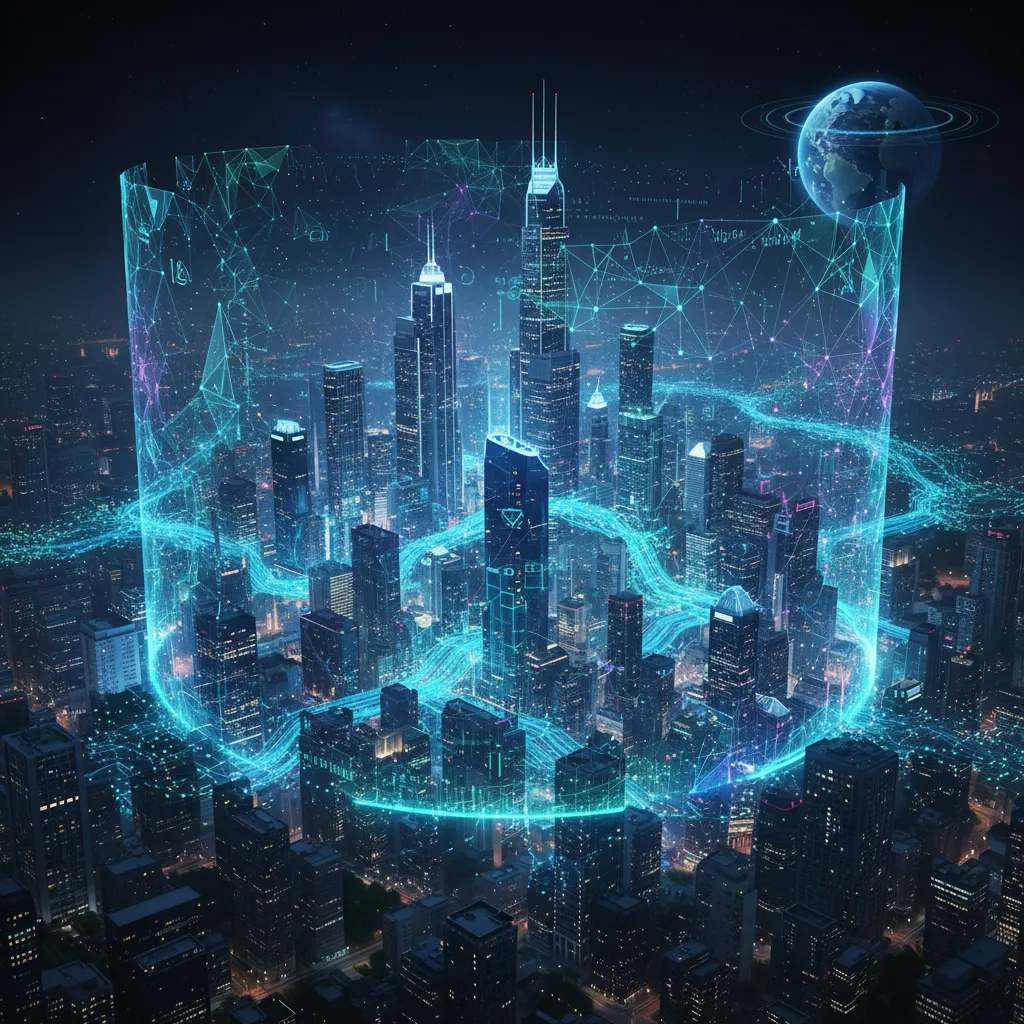 Conceptual image of AI protecting a global digital infrastructure in the future.