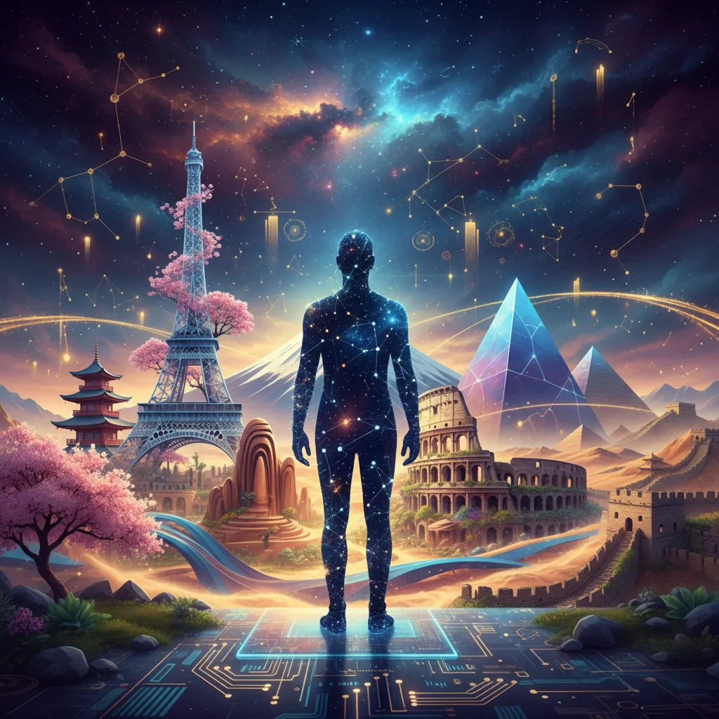 Abstract image of a traveler made of data points looking at a unique landscape, symbolizing the future of hyper-personalized AI travel.