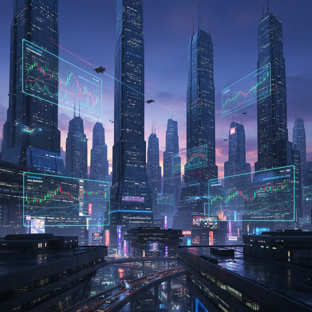 A futuristic cityscape with holographic stock charts and data visualizations floating between buildings.