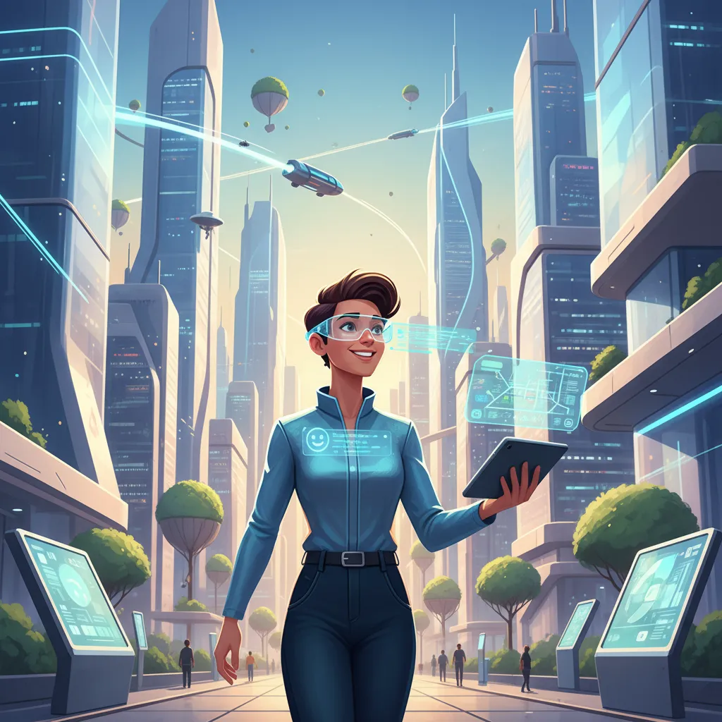 A futuristic illustration of a person interacting with multiple AI devices seamlessly in a smart city.