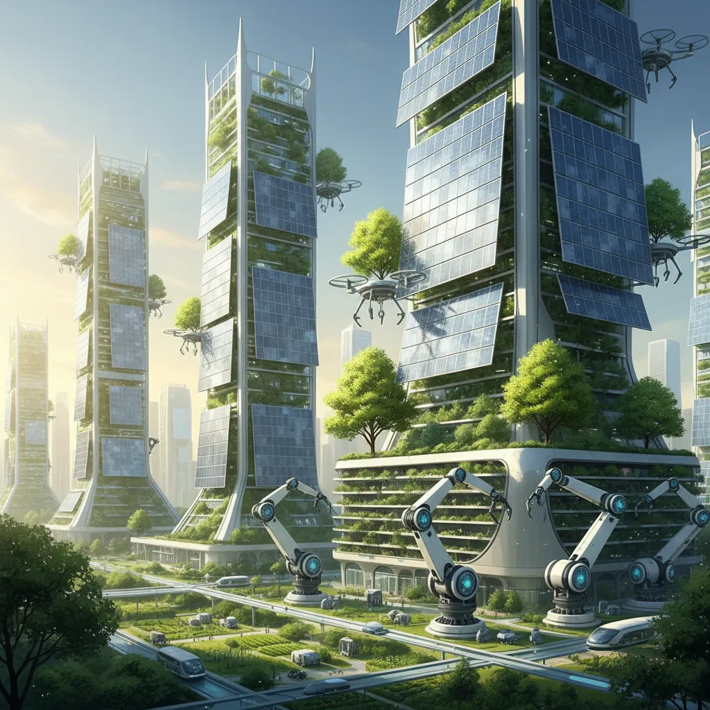 A futuristic cityscape where AI agents are visualized as drones and robotic arms working together to build a sustainable city.