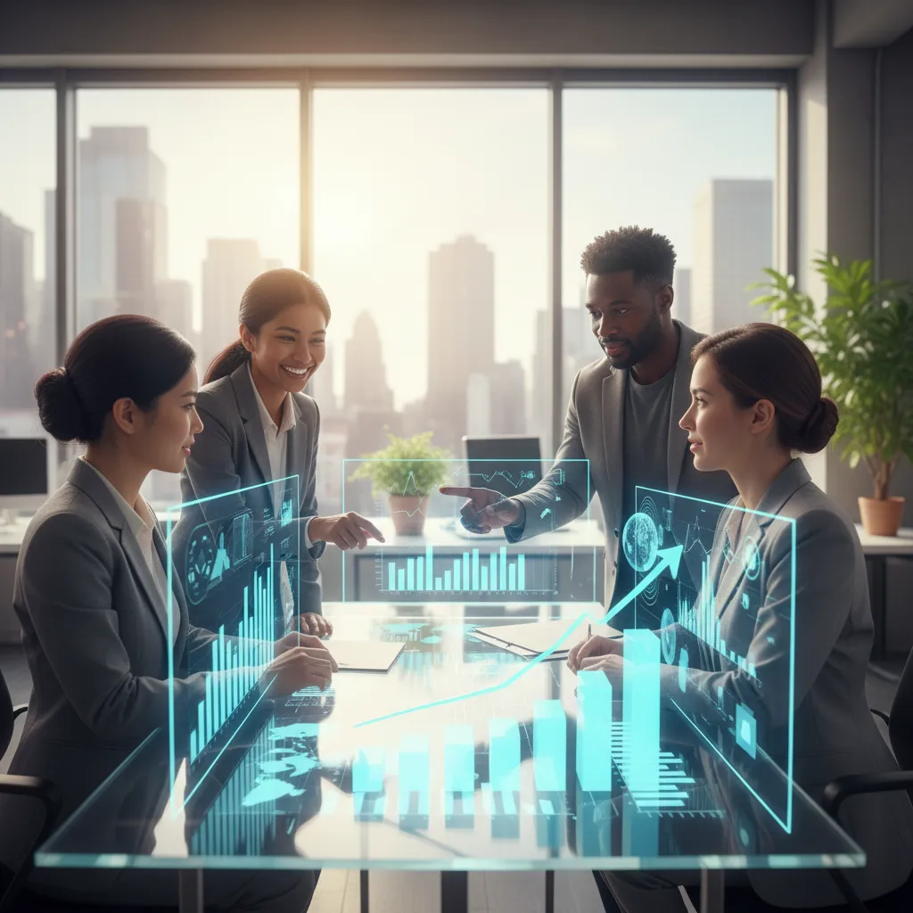A diverse team of professionals collaborating around a holographic table showing financial data.