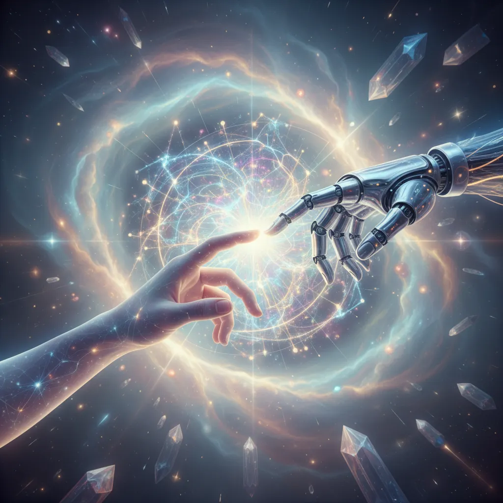Conceptual image symbolizing the future of collaboration between humans and artificial intelligence, showing interconnected digital and human hands.