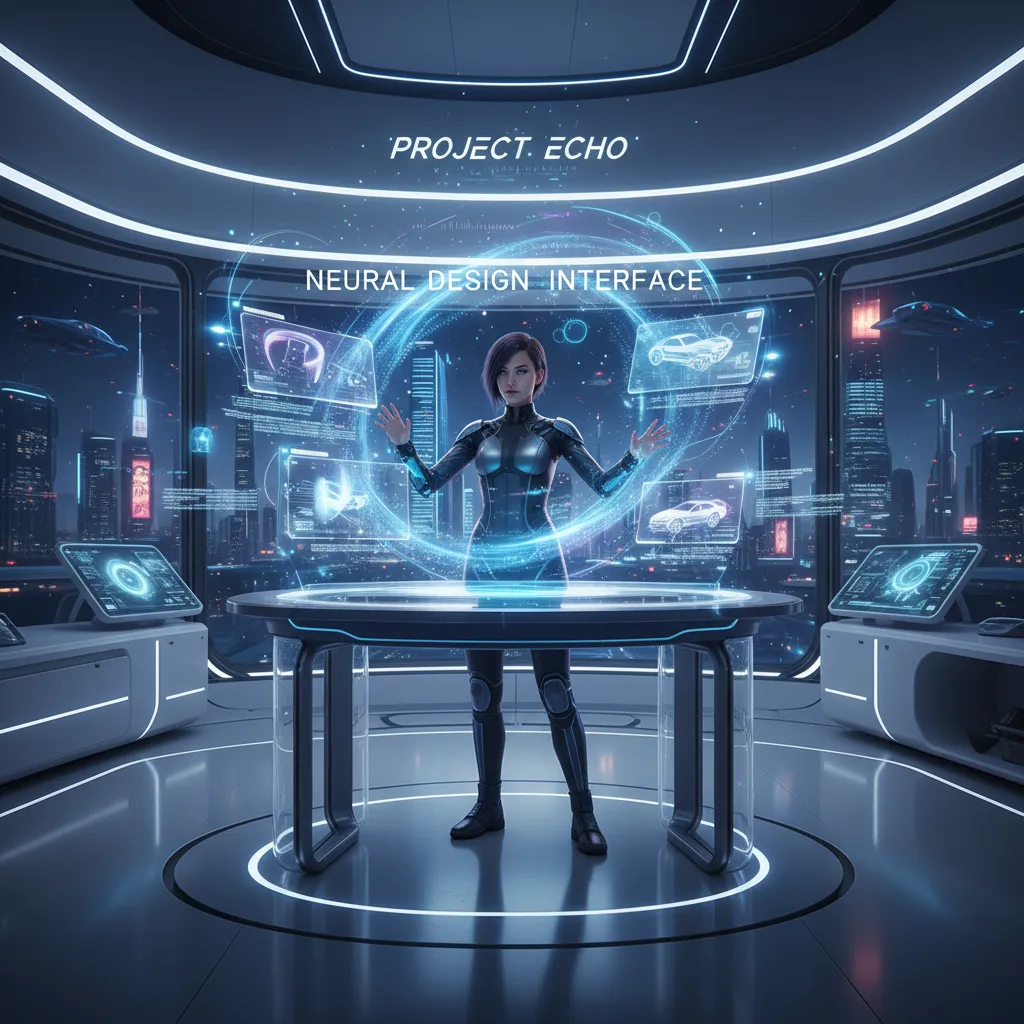 A futuristic concept image of human-computer interaction, showing a person collaborating with an AI.