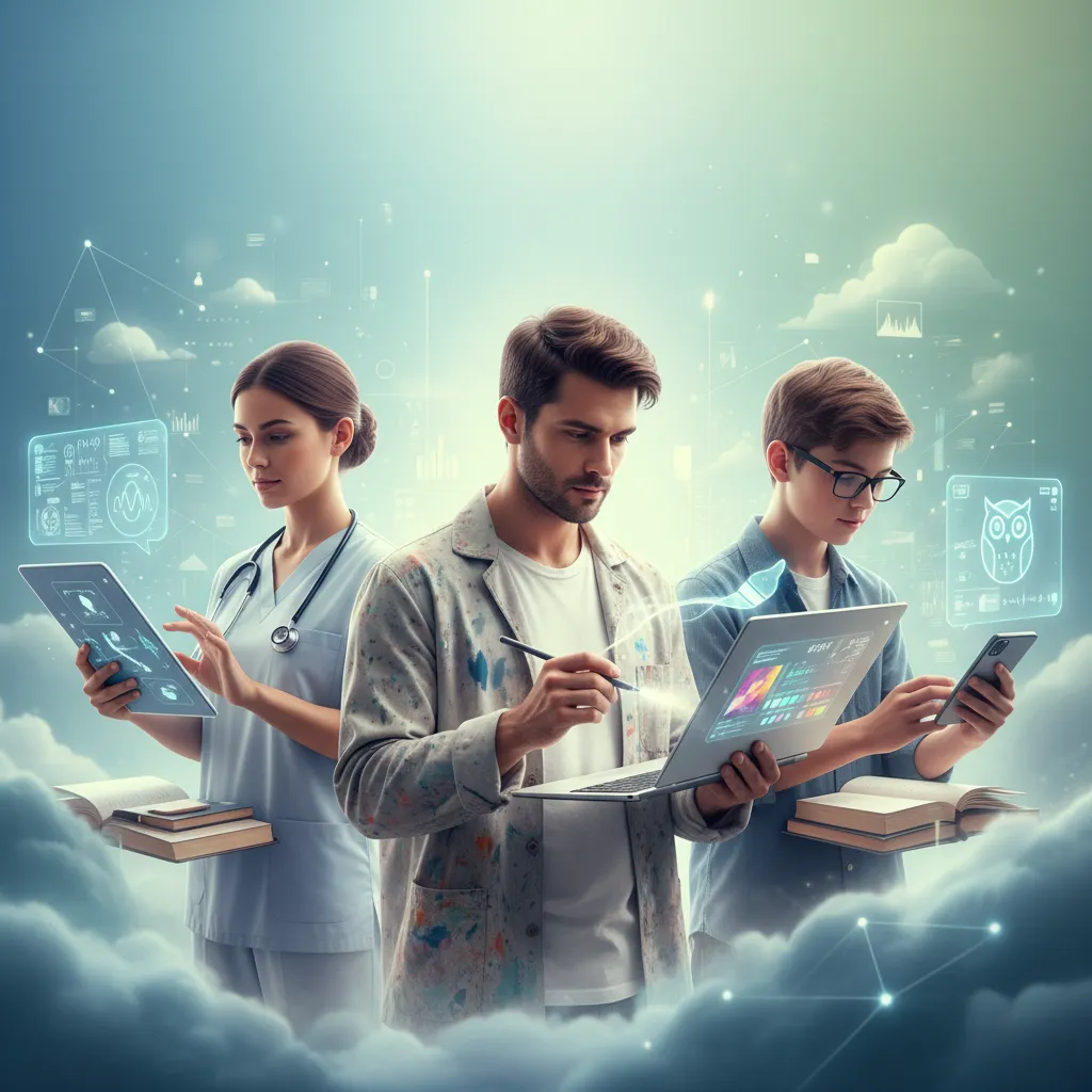 Diverse group of people using AI assistants in their daily professional and personal lives.