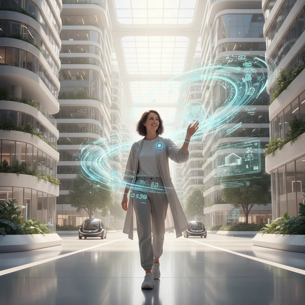 A futuristic image of a person in a smart city interacting with their environment using only voice commands to their AI Pin.