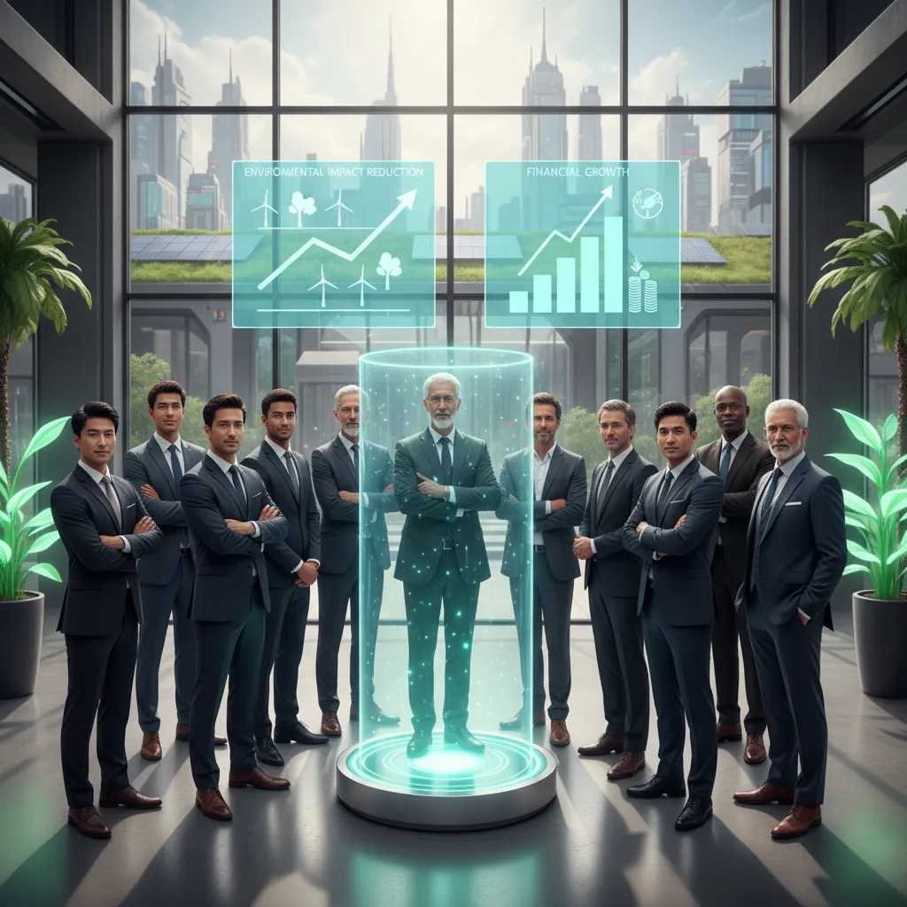 Diverse investors viewing holographic charts of environmental and financial growth, symbolizing the future of sustainable investing.
