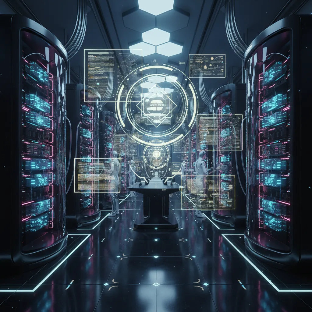Futuristic server room with glowing quantum computers and AI interfaces.