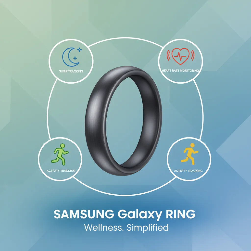 Infographic showing the core features of the Samsung Galaxy Ring, including sleep, heart rate, and activity tracking.