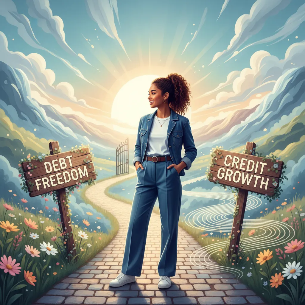 Gen Z individual at a crossroads of debt freedom and credit growth.