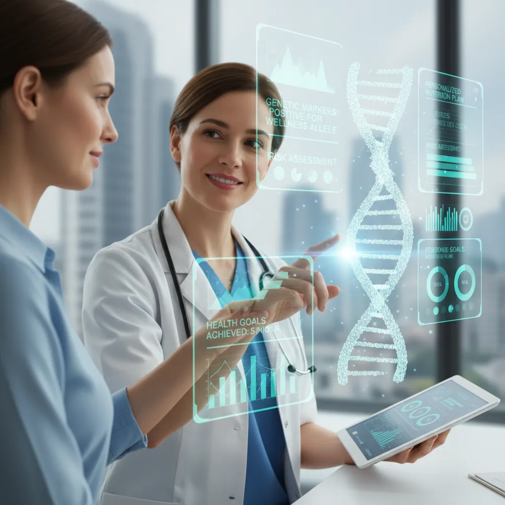 Doctor and patient viewing holographic DNA data