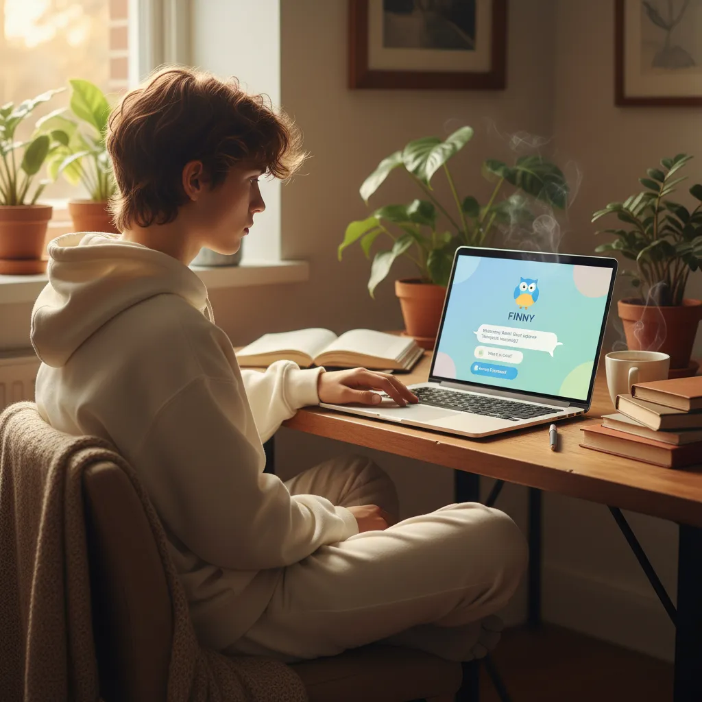 Gen Z individual learning finance with an AI chatbot on a laptop