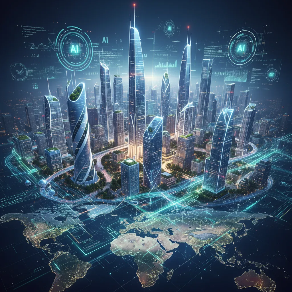 Futuristic cityscape with AI data lines symbolizing global financial market impact.