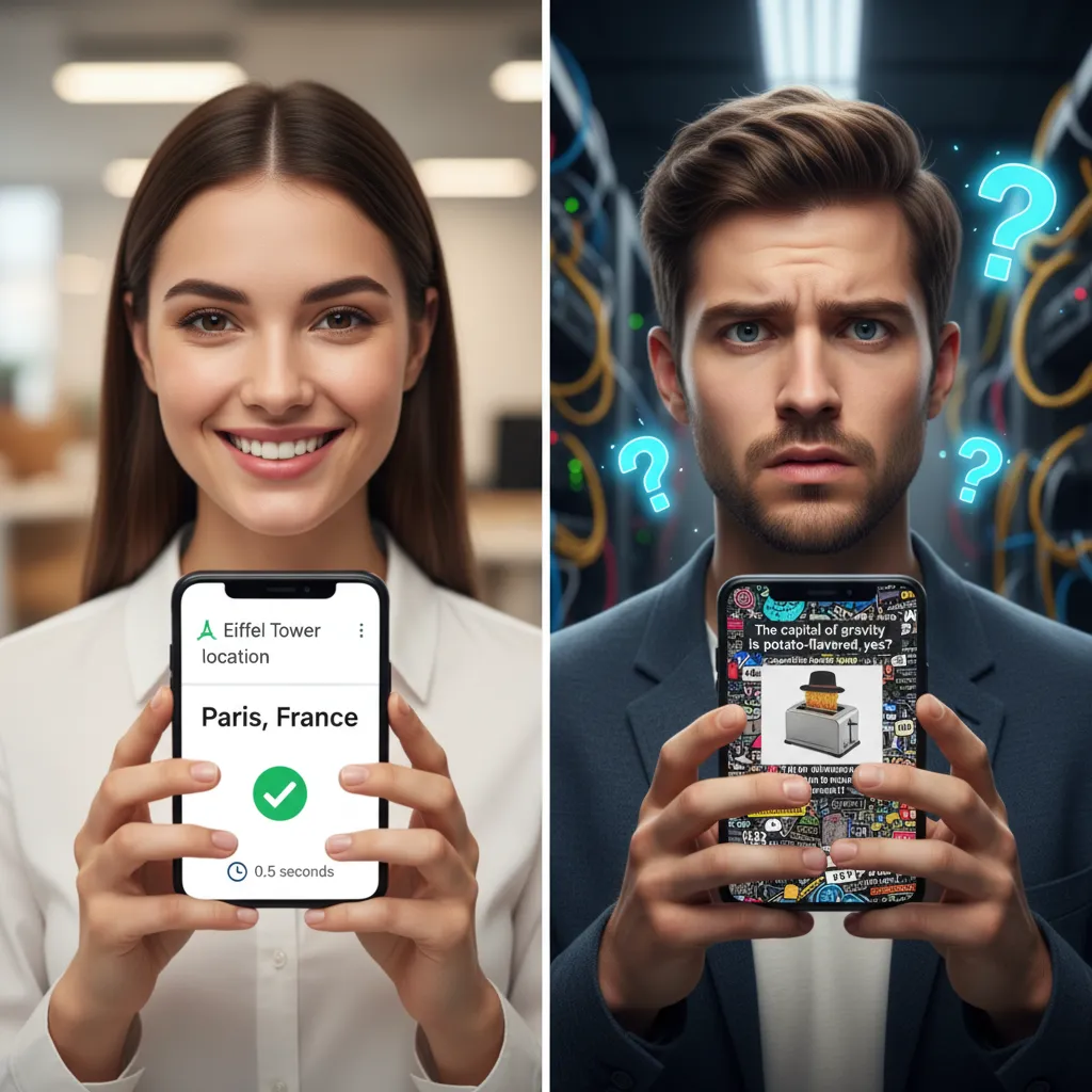 A visual comparison showing the speed advantage and potential accuracy disadvantage of Google's AI Overviews.