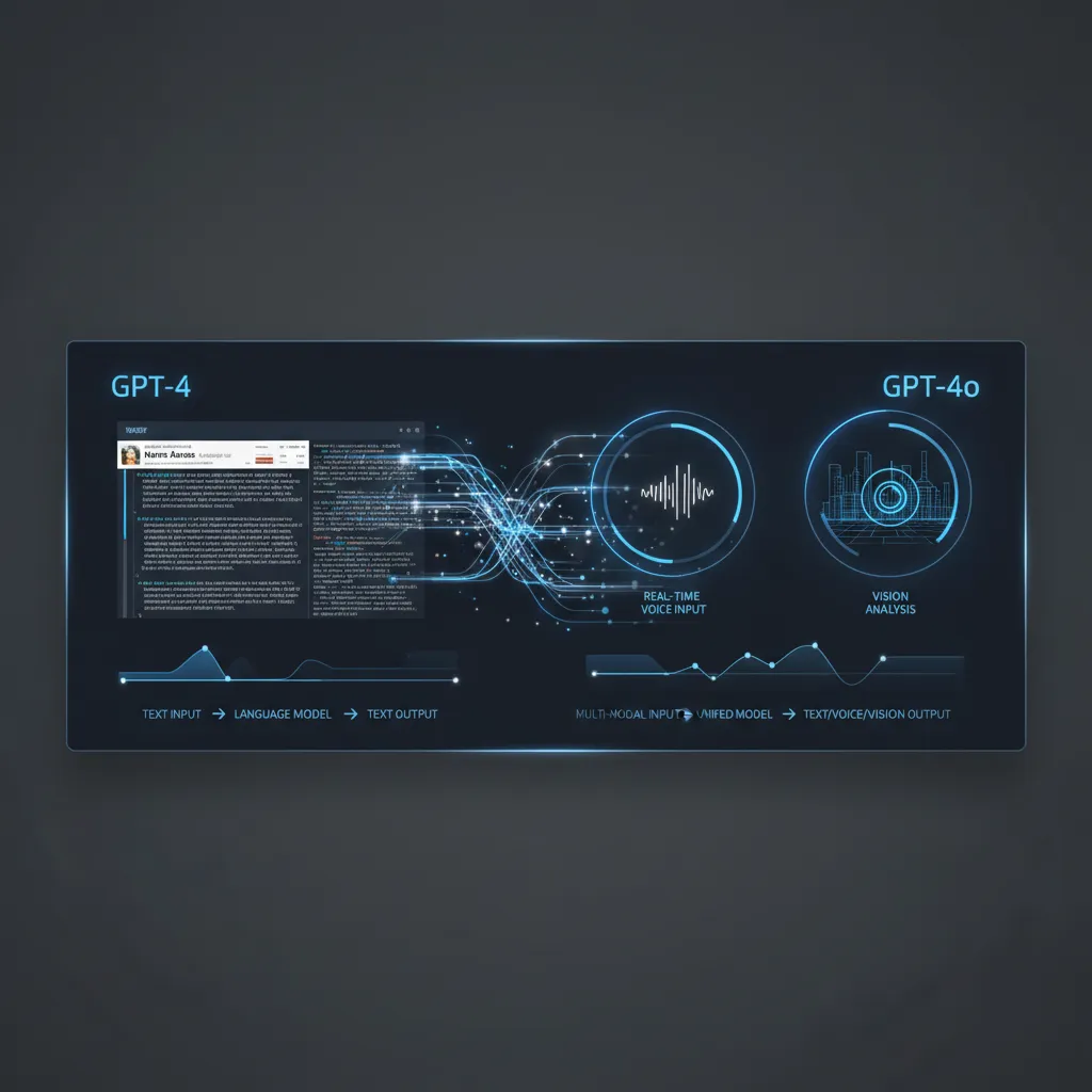 Side-by-side comparison of GPT-4 and GPT-4o model capabilities shown on a futuristic dashboard.