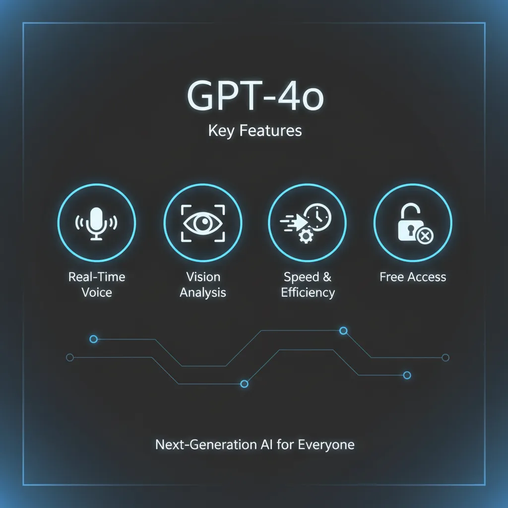 An infographic illustrating the key features of GPT-4o, such as real-time voice, vision, and speed.