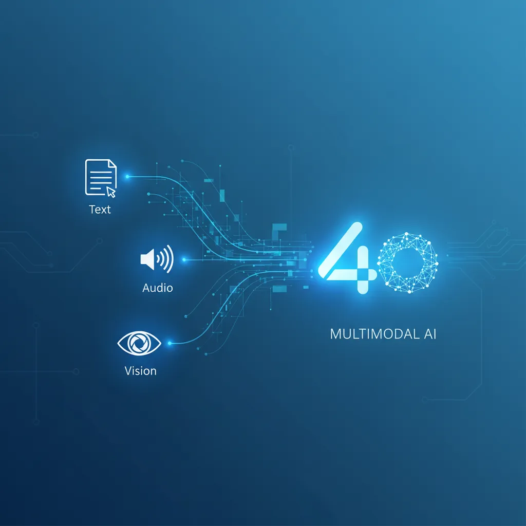 Infographic showing text, audio, and vision icons flowing into the GPT-4o logo.