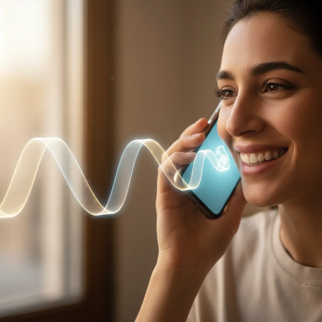 Person having a natural, real-time voice conversation with the GPT-4o AI on a smartphone. The interface shows dynamic, flowing speech patterns.