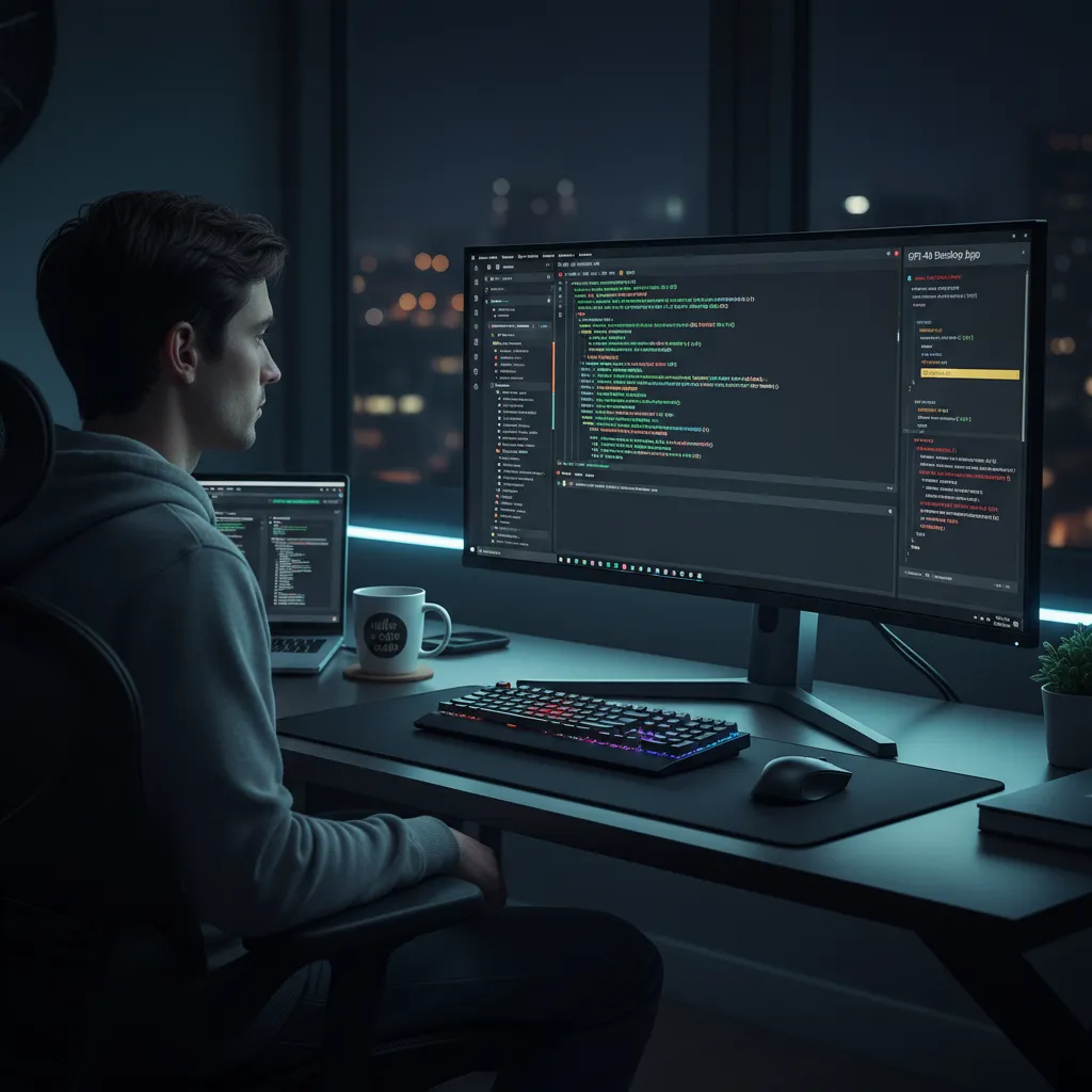 A programmer and GPT-4o on a large monitor pair-programming, with the AI suggesting code snippets and debugging in real-time.