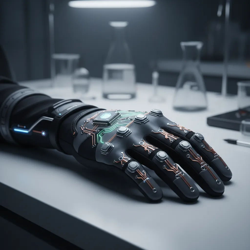 A close-up of a futuristic haptic glove with glowing circuits