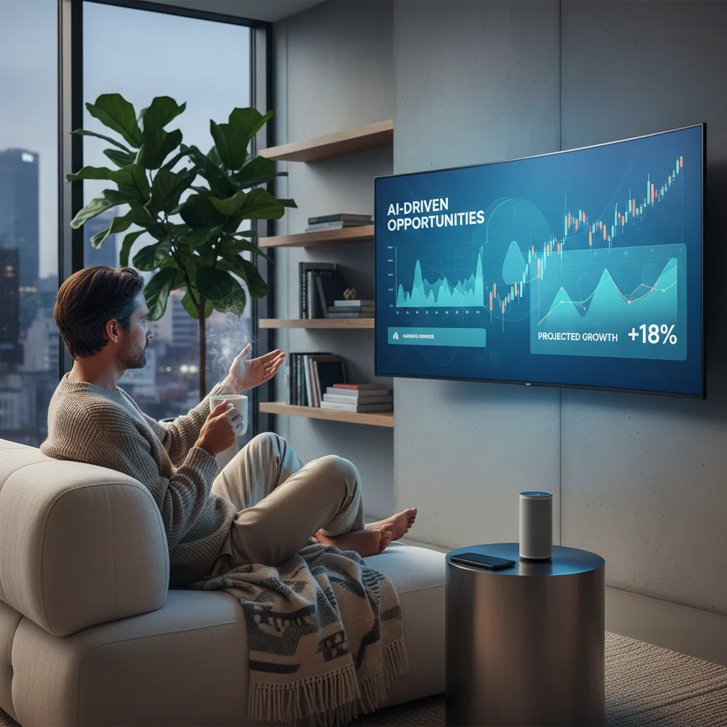 Person reviewing AI-driven financial dashboard at home