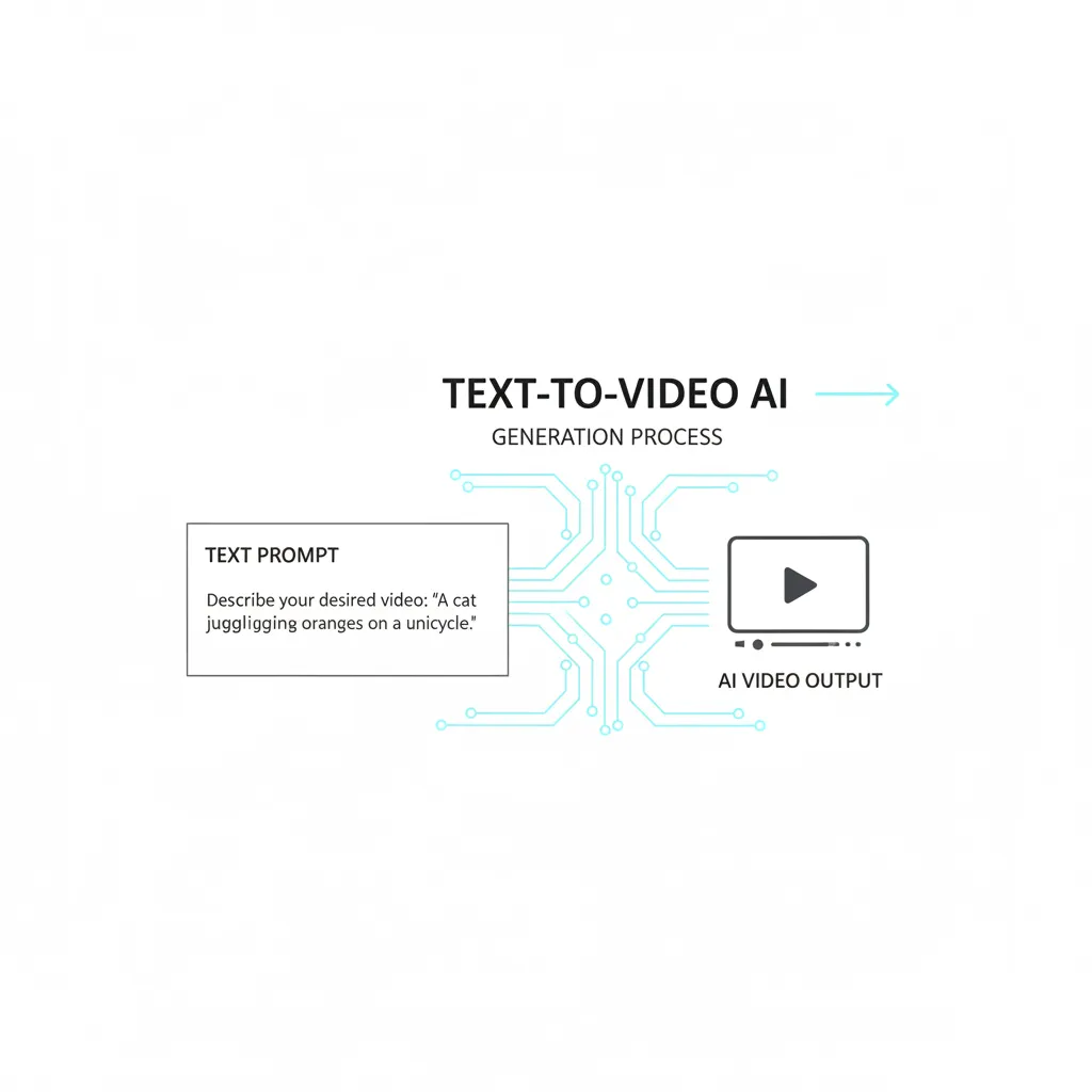 An infographic explaining how AI converts text prompts into video sequences through a neural network.