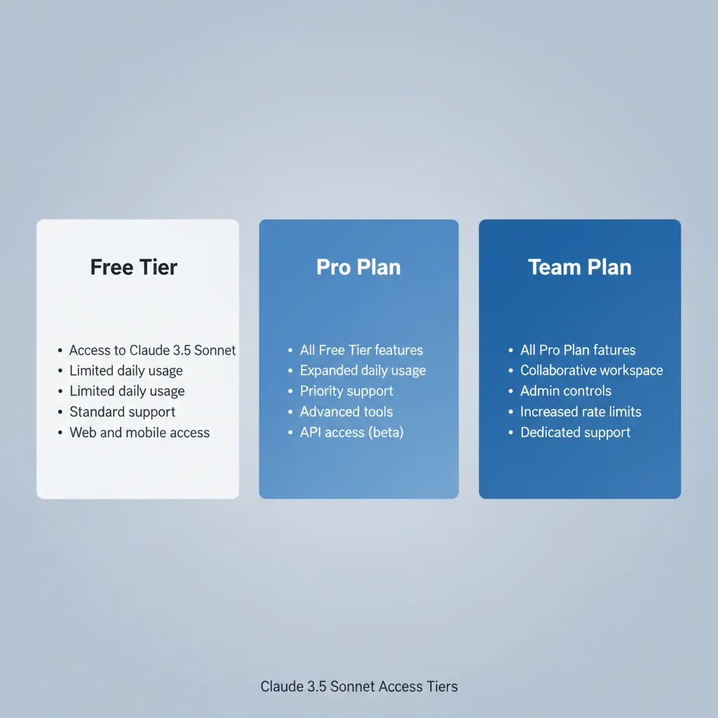 A simple graphic showing the different access tiers for Claude 3.5 Sonnet, including Free, Pro, and Team plans.