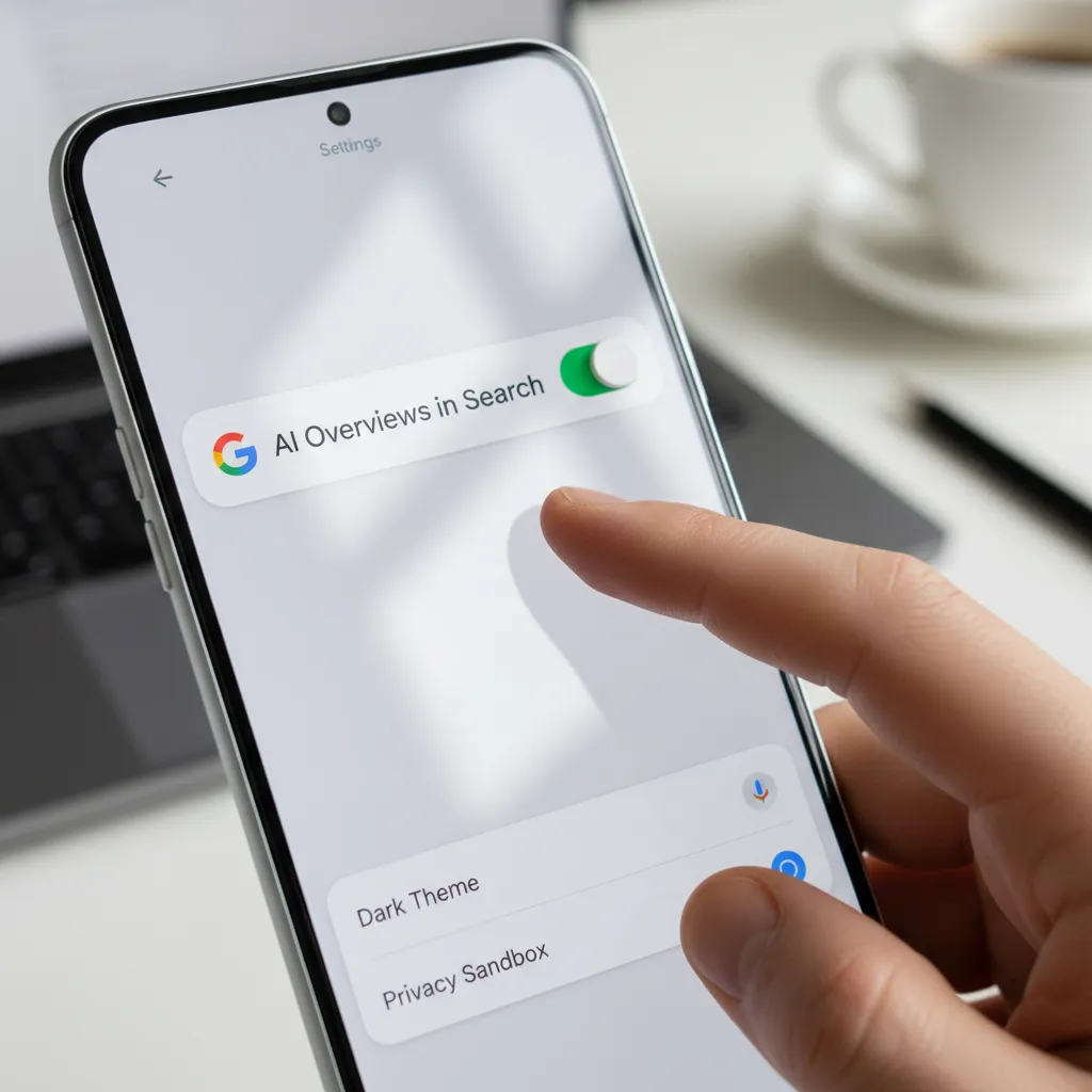 A screenshot demonstrating how to access settings to disable the AI Overviews feature in Google Search.