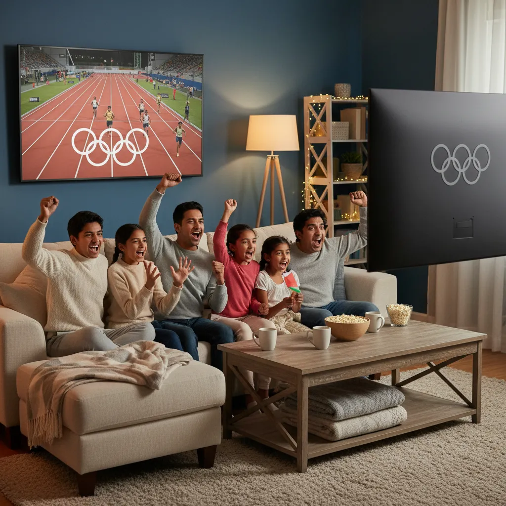 A family watching the Olympics on a large screen TV in their living room.