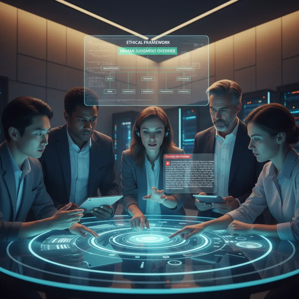 Diverse group collaborating with AI interface