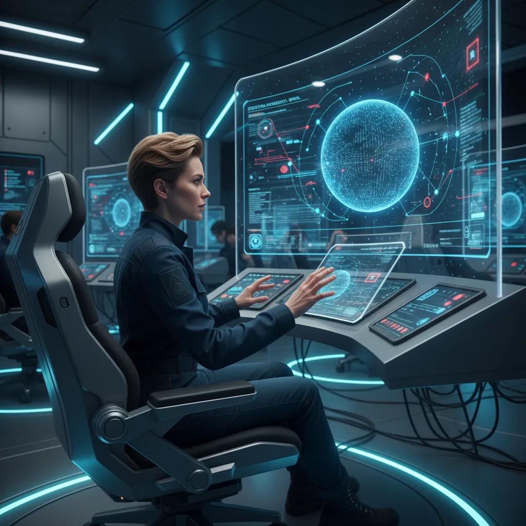 A human cybersecurity analyst collaborating with an AI interface, showing synergy between human expertise and artificial intelligence in a secure control room.