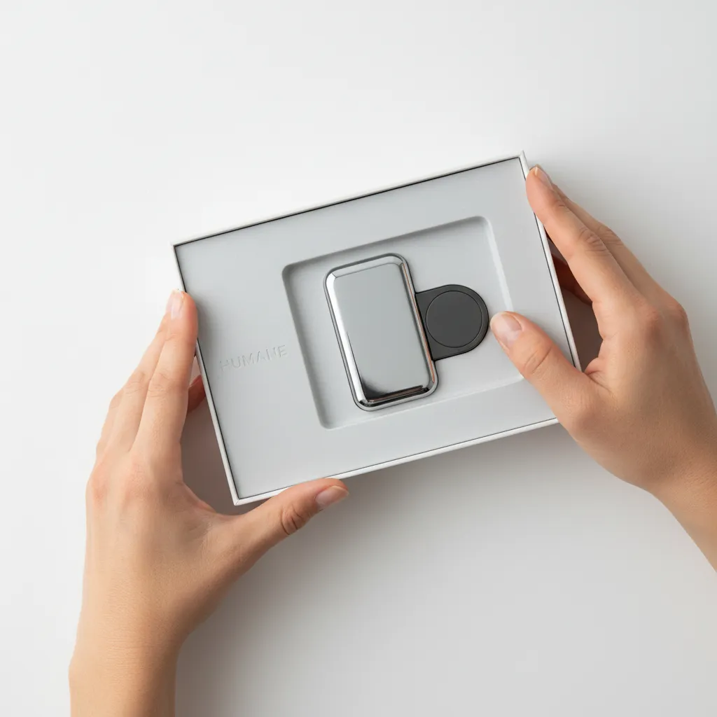 A person unboxing the sleek and minimalist packaging of the Humane AI Pin.