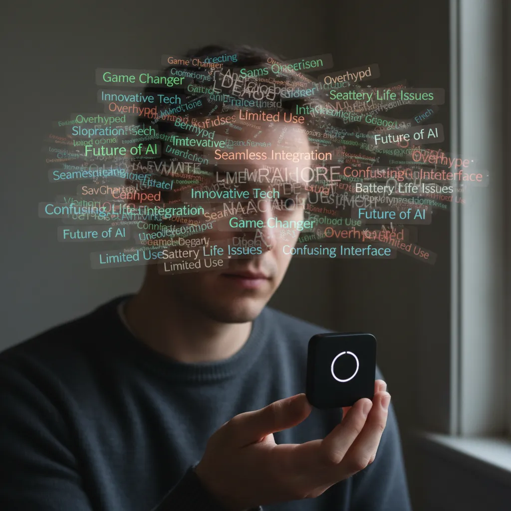 A user considers the AI Pin with floating review text in the background, representing the final verdict on if it's worth buying.