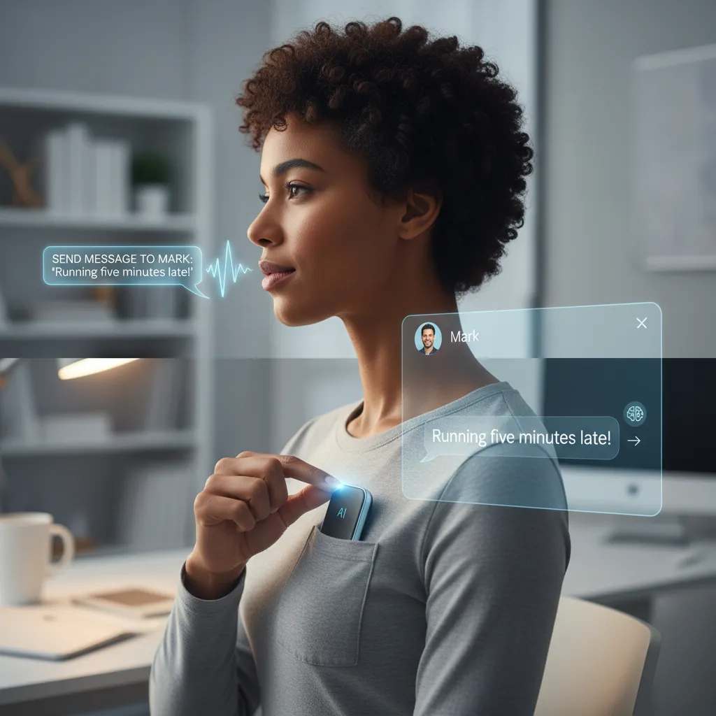 A user giving a voice command to the AI Pin, illustrating its productivity features and limitations.