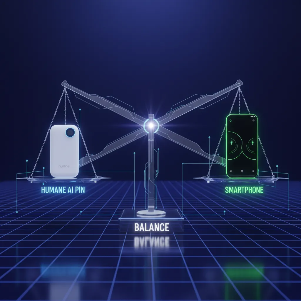 Conceptual art comparing the Humane AI Pin and a smartphone on a balanced scale, symbolizing the 'AI pin vs smartphone' debate.