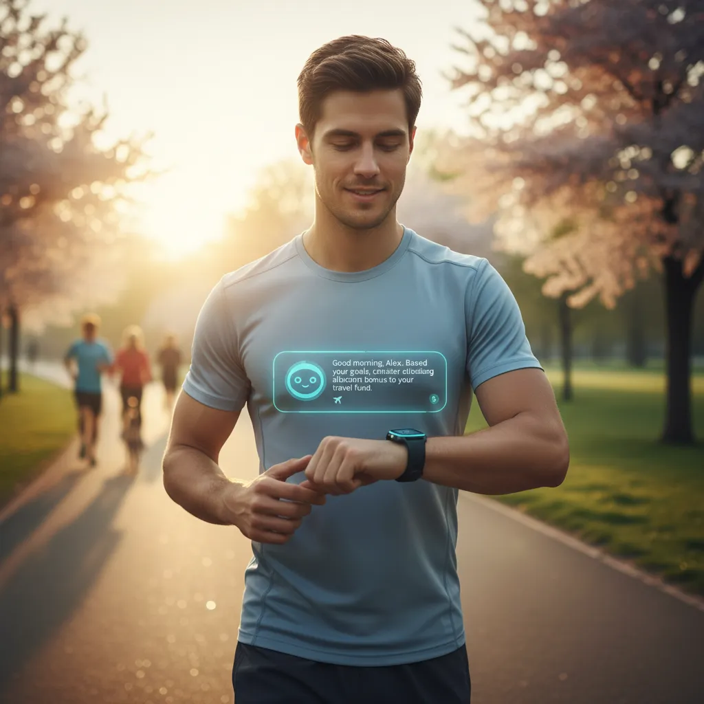 Illustration of a person receiving personalized financial advice from an AI assistant on their smartwatch.