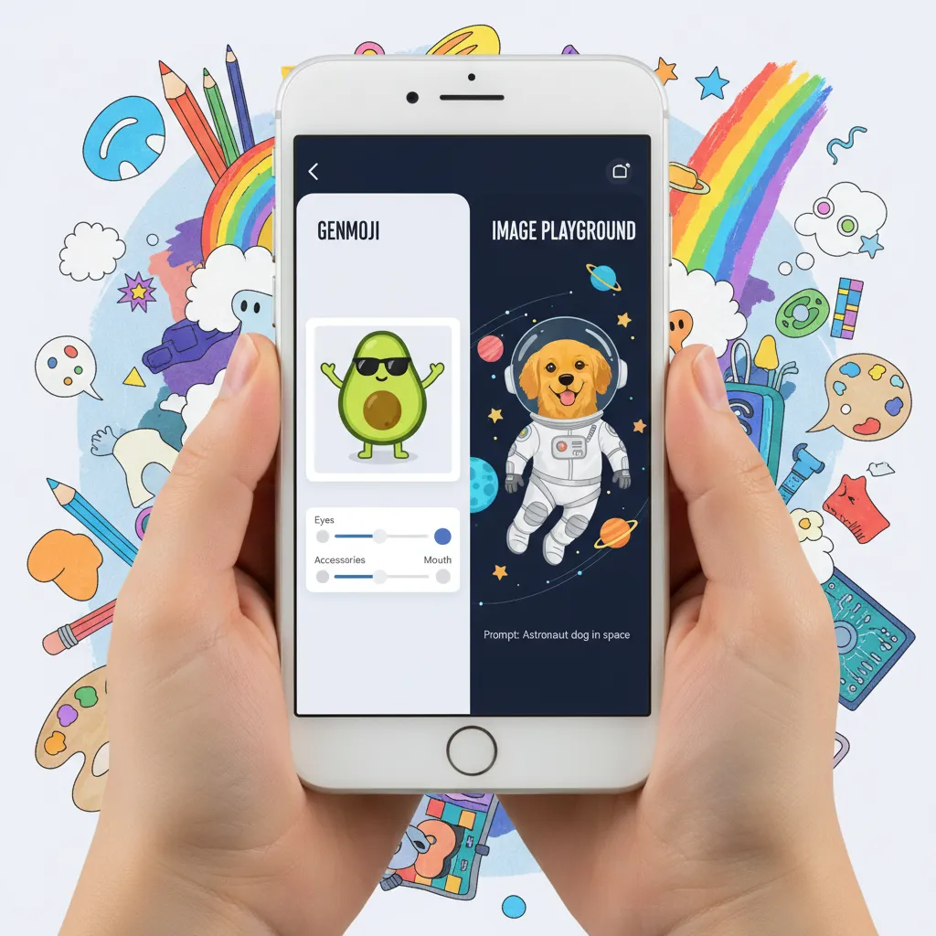 Demonstration of creative AI tools in iOS 18, including Image Playground and Genmoji.