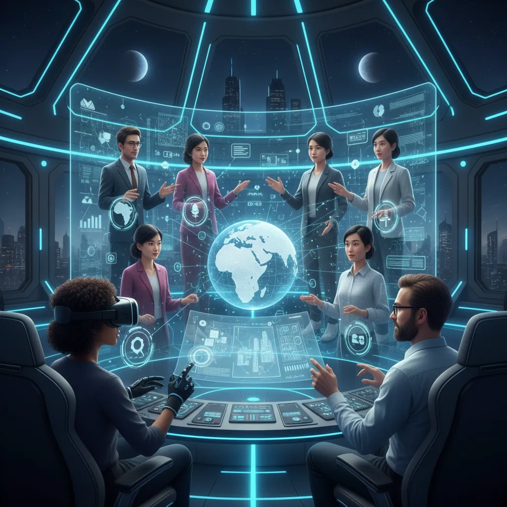 Global team collaborating in an immersive metaverse meeting with virtual objects and real-time interaction.