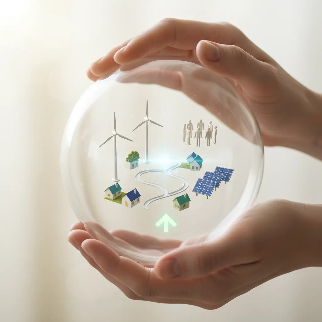 Hands holding a transparent globe with renewable energy and community project icons, representing global impact investing.