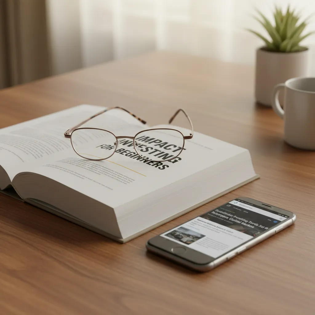 Open book on impact investing with a smartphone showing financial news.